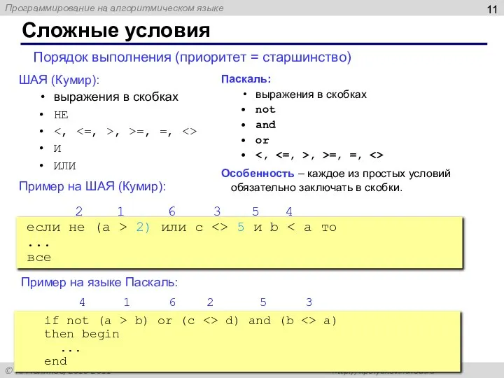 Сложные условия ШАЯ (Кумир): выражения в скобках НЕ , >=, =,