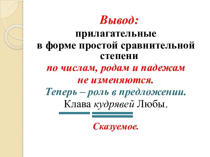 Вывод: прилагательные в форме простой сравнительной степени по числам, родам и