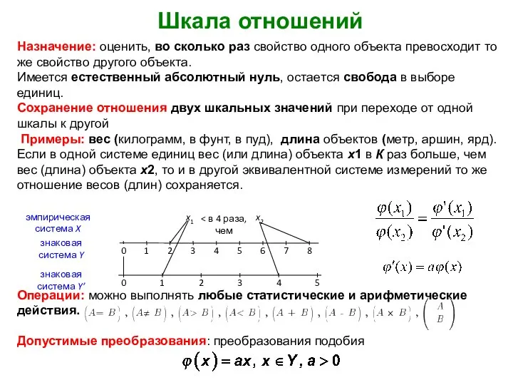 Шкала отношений Назначение: оценить, во сколько раз свойство одного объекта превосходит