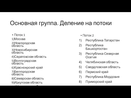 Основная группа. Деление на потоки Поток 2 Республика Татарстан Республика Башкортостан