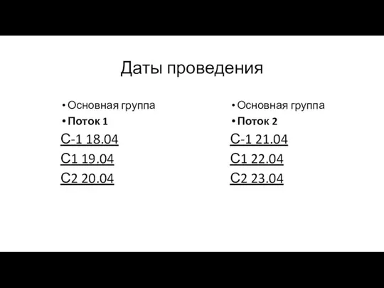 Даты проведения Основная группа Поток 2 С-1 21.04 С1 22.04 С2