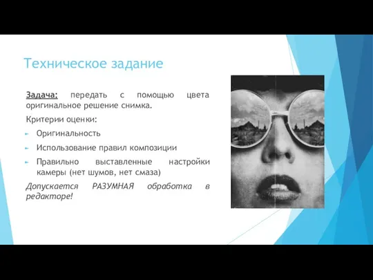 Техническое задание Задача: передать с помощью цвета оригинальное решение снимка. Критерии