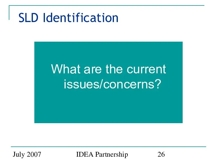 July 2007 IDEA Partnership SLD Identification What are the current issues/concerns?