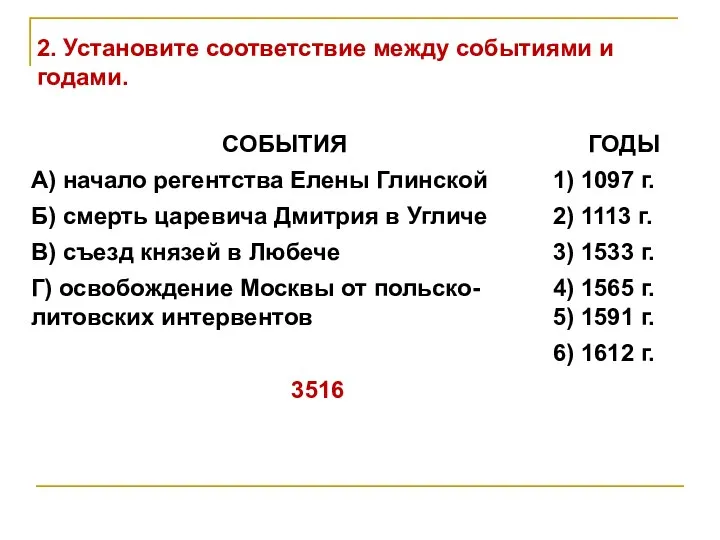 2. Установите соответствие между событиями и годами. 3516