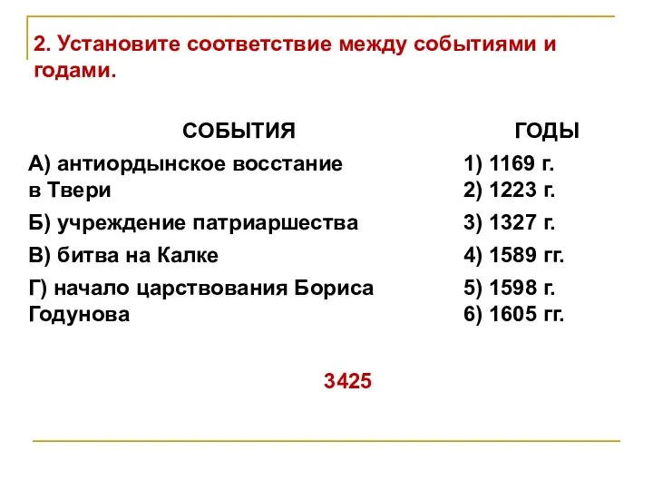 2. Установите соответствие между событиями и годами. 3425