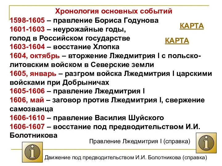 Хронология основных событий 1598-1605 – правление Бориса Годунова 1601-1603 – неурожайные