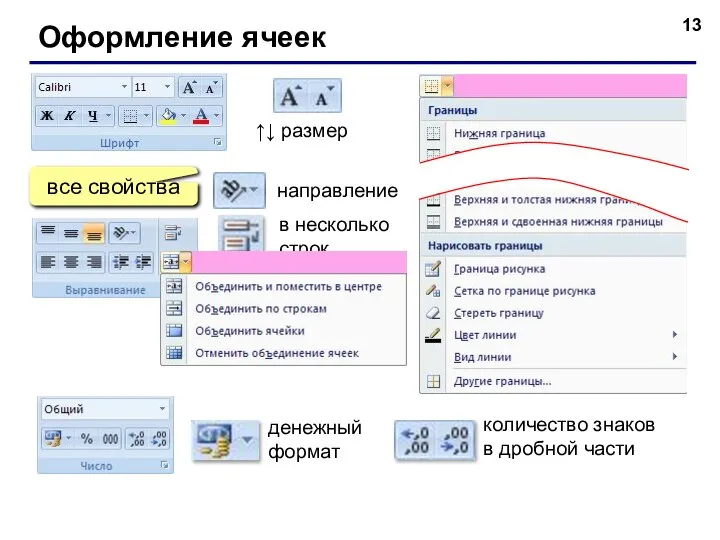 Оформление ячеек все свойства ↑↓ размер направление в несколько строк денежный