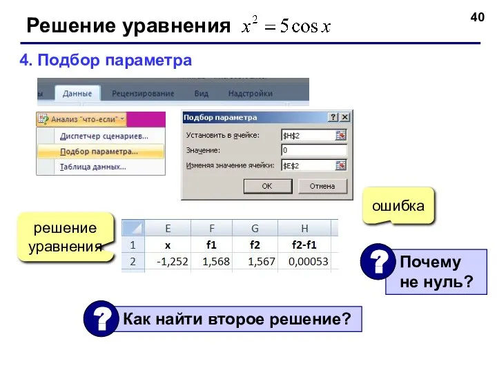 Решение уравнения 4. Подбор параметра ошибка решение уравнения