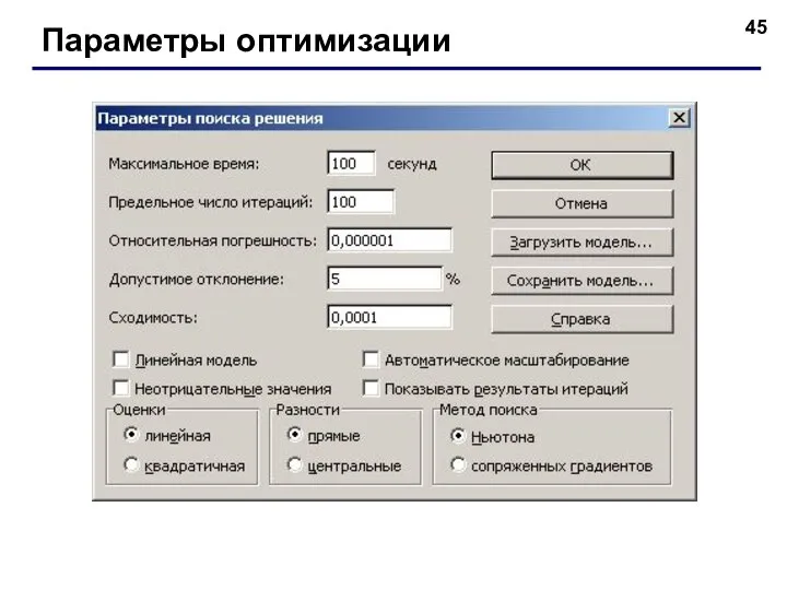 Параметры оптимизации