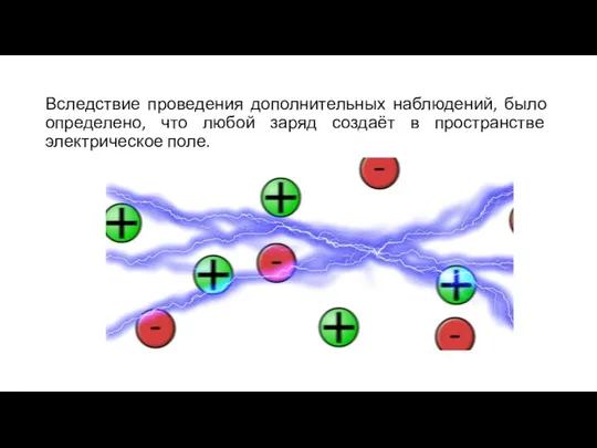 Вследствие проведения дополнительных наблюдений, было определено, что любой заряд создаёт в пространстве электрическое поле.