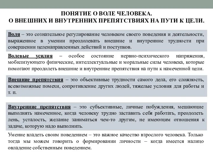 ПОНЯТИЕ О ВОЛЕ ЧЕЛОВЕКА. О ВНЕШНИХ И ВНУТРЕННИХ ПРЕПЯТСТВИЯХ НА ПУТИ