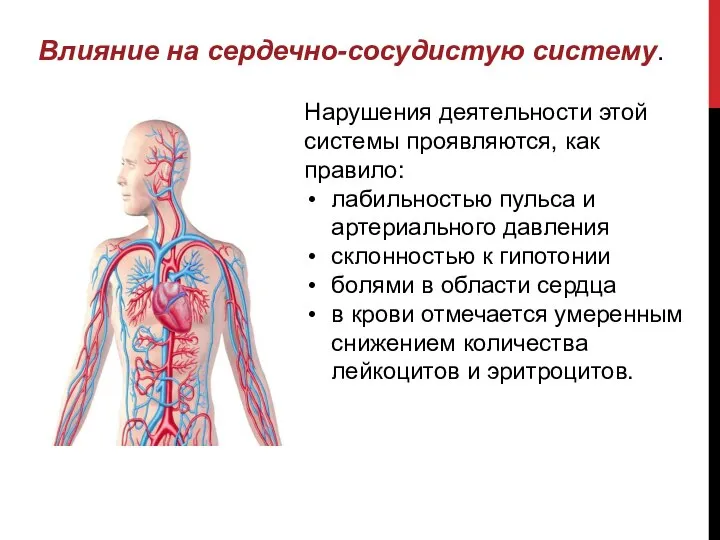 Влияние на сердечно-сосудистую систему. Нарушения деятельности этой системы проявляются, как правило: