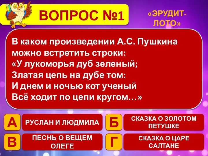 ВОПРОС №1 В каком произведении А.С. Пушкина можно встретить строки: «У