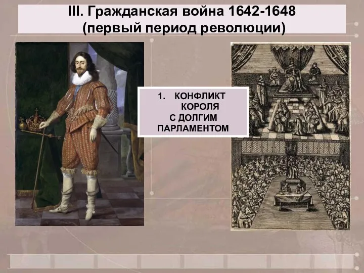 III. Гражданская война 1642-1648 (первый период революции) КОНФЛИКТ КОРОЛЯ С ДОЛГИМ ПАРЛАМЕНТОМ