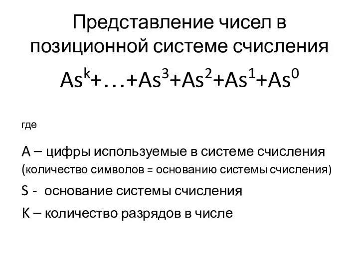 Представление чисел в позиционной системе счисления Ask+…+As3+As2+As1+As0 где A – цифры