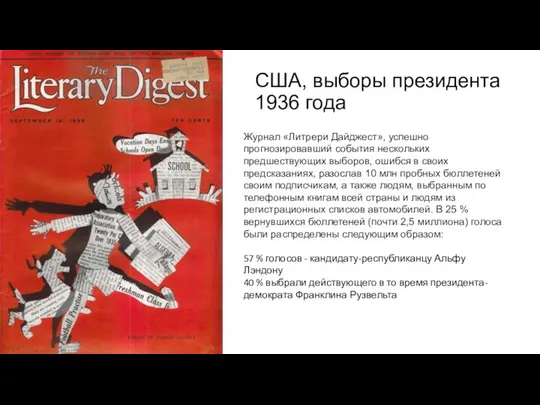 CША, выборы президента 1936 года Журнал «Литрери Дайджест», успешно прогнозировавший события