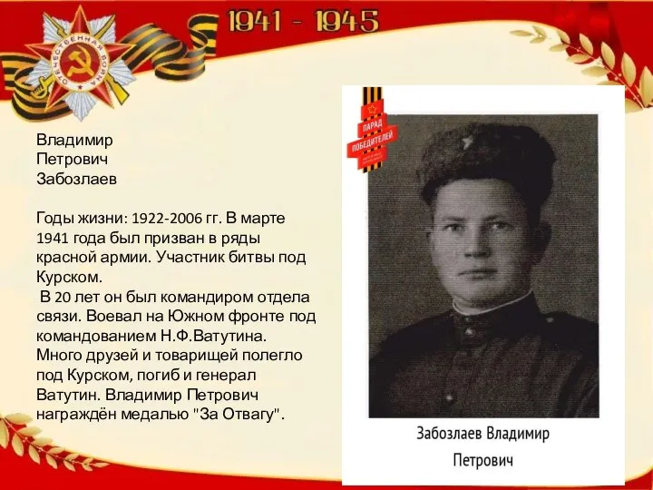 Владимир Петрович Забозлаев Годы жизни: 1922-2006 гг. В марте 1941 года
