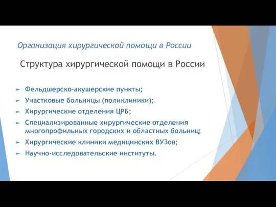 Структура хирургической помощи в России Фельдшерско-акушерские пункты; Участковые больницы (поликлиники); Хирургические