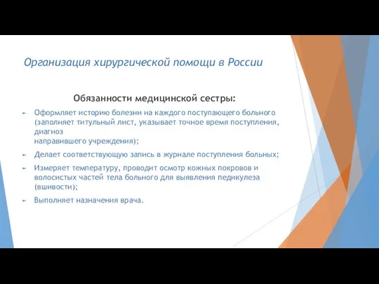 Организация хирургической помощи в России Обязанности медицинской сестры: Оформляет историю болезни