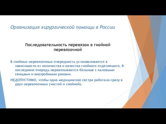 Организация хирургической помощи в России Последовательность перевязок в гнойной перевязочной В