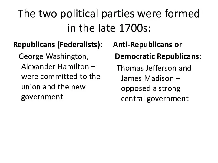 The two political parties were formed in the late 1700s: Republicans