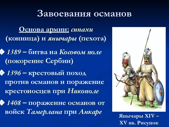 Завоевания османов Основа армии: сипахи (конница) и янычары (пехота) Янычары XIV