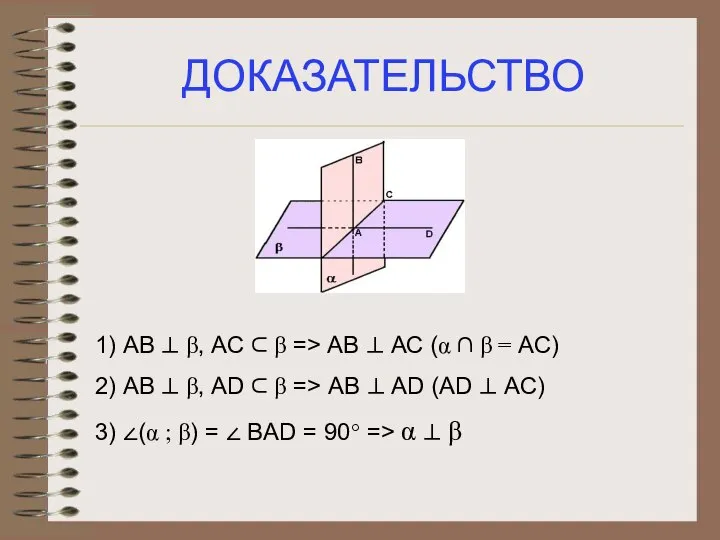 ДОКАЗАТЕЛЬСТВО 1) АВ ⊥ β, АС ⊂ β => АВ ⊥