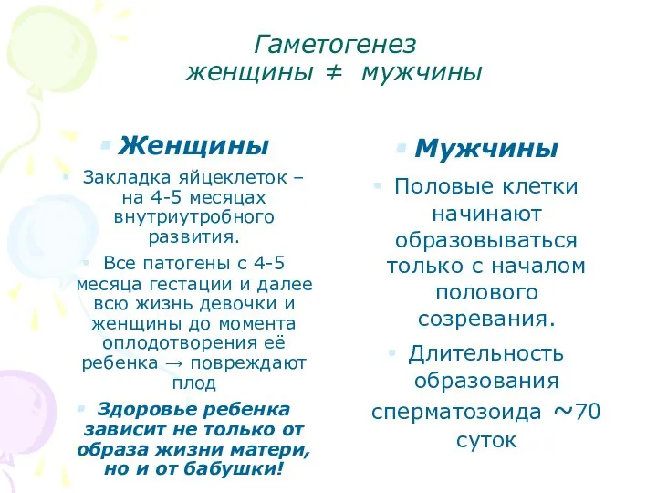 Гаметогенез женщины ≠ мужчины Женщины Закладка яйцеклеток – на 4-5 месяцах