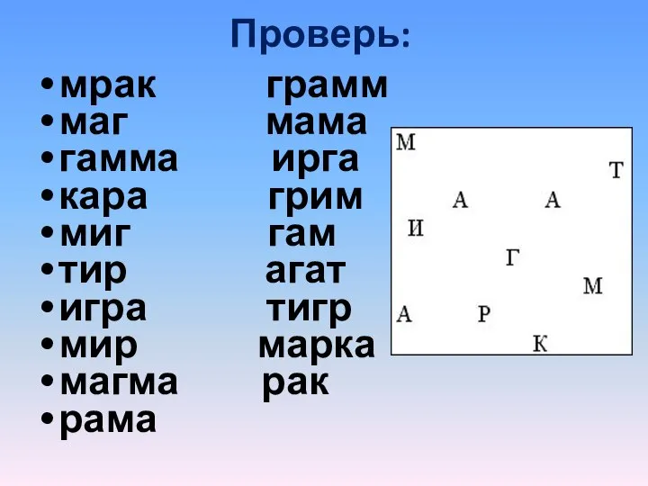 Проверь: мрак грамм маг мама гамма ирга кара грим миг гам