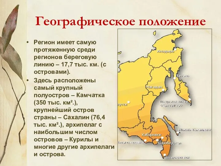 Географическое положение Регион имеет самую протяженную среди регионов береговую линию –