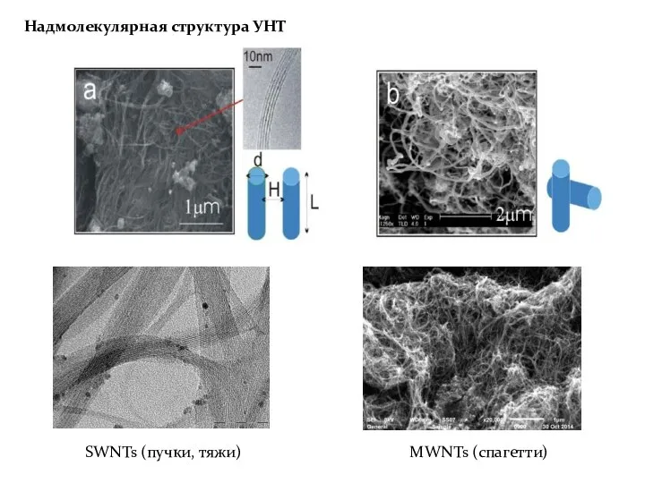 SWNTs (пучки, тяжи) MWNTs (спагетти) Надмолекулярная структура УНТ