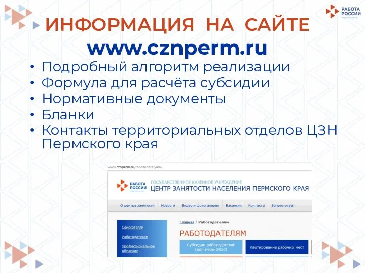 ИНФОРМАЦИЯ НА САЙТЕ www.cznperm.ru Подробный алгоритм реализации Формула для расчёта субсидии