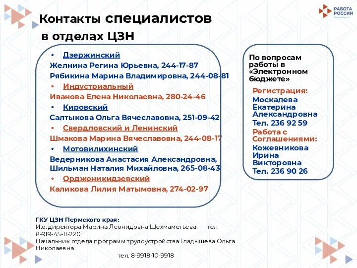 Контакты специалистов По вопросам работы в «Электронном бюджете» Регистрация: Москалева Екатерина