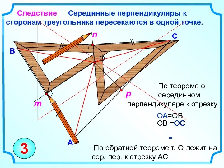 По теореме о серединном перпендикуляре к отрезку Серединные перпендикуляры к сторонам