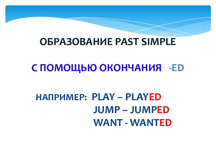 ОБРАЗОВАНИЕ PAST SIMPLE С ПОМОЩЬЮ ОКОНЧАНИЯ -ED НАПРИМЕР: PLAY – PLAYED