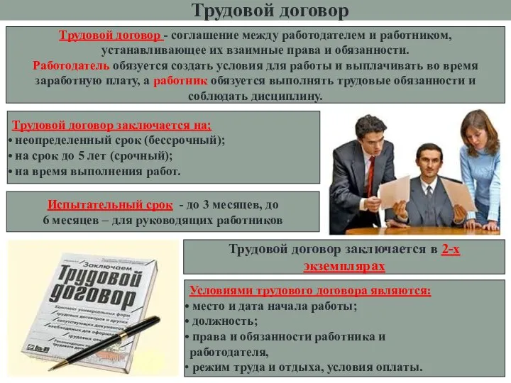 Трудовой договор Трудовой договор - соглашение между работодателем и работником, устанавливающее