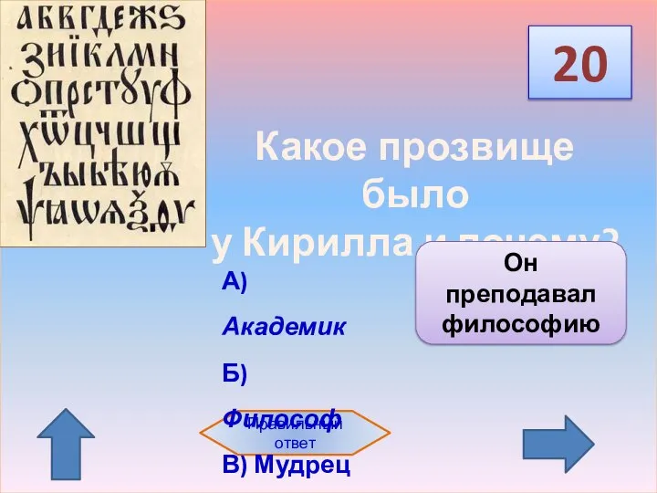 20 Правильный ответ А) Академик Б) Философ В) Мудрец Какое прозвище