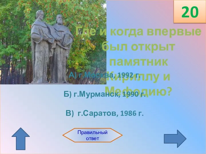 Правильный ответ Где и когда впервые был открыт памятник Кириллу и