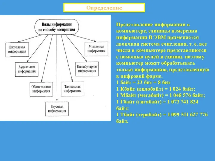 Представление информации в компьютере, единицы измерения информации В ЭВМ применяется двоичная