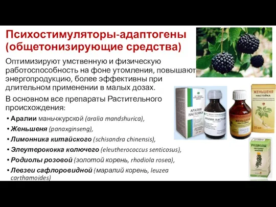 Психостимуляторы-адаптогены (общетонизирующие средства) Оптимизируют умственную и физическую работоспособность на фоне утомления,