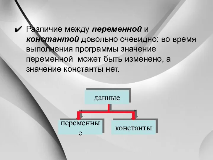 Различие между переменной и константой довольно очевидно: во время выполнения программы