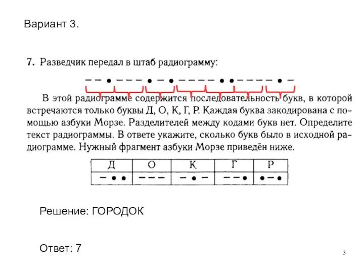 Вариант 3. Решение: ГОРОДОК Ответ: 7