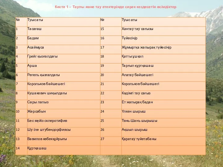 Кесте 1 - Таулы және тау етектерінде сирек кездесетін өсімдіктер