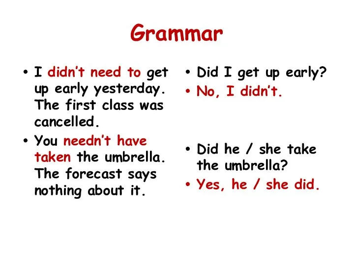 Grammar I didn’t need to get up early yesterday. The first