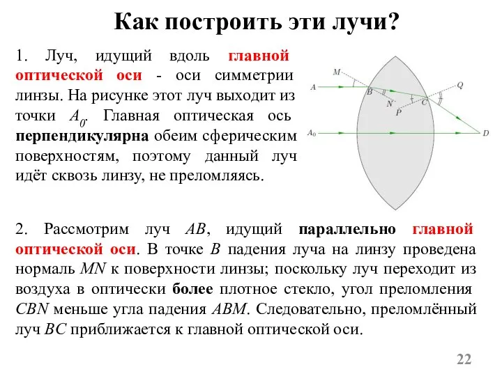 Как построить эти лучи? 1. Луч, идущий вдоль главной оптической оси