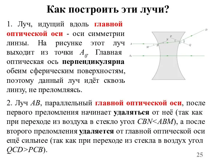 Как построить эти лучи? 1. Луч, идущий вдоль главной оптической оси