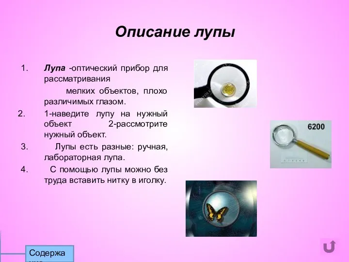 Описание лупы 1. Лупа -оптический прибор для рассматривания мелких объектов, плохо