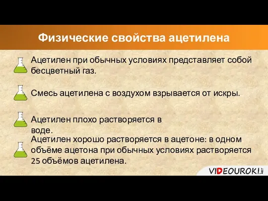 Физические свойства ацетилена Ацетилен при обычных условиях представляет собой бесцветный газ.