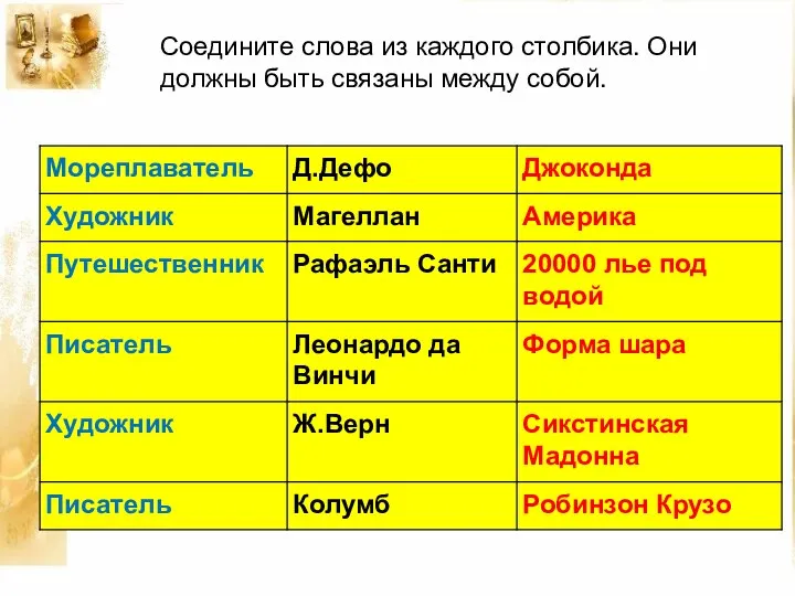 Соедините слова из каждого столбика. Они должны быть связаны между собой.