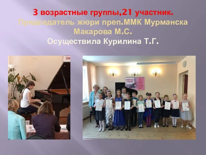 3 возрастные группы,21 участник. Председатель жюри преп.ММК Мурманска Макарова М.С. Осуществила Курилина Т.Г.